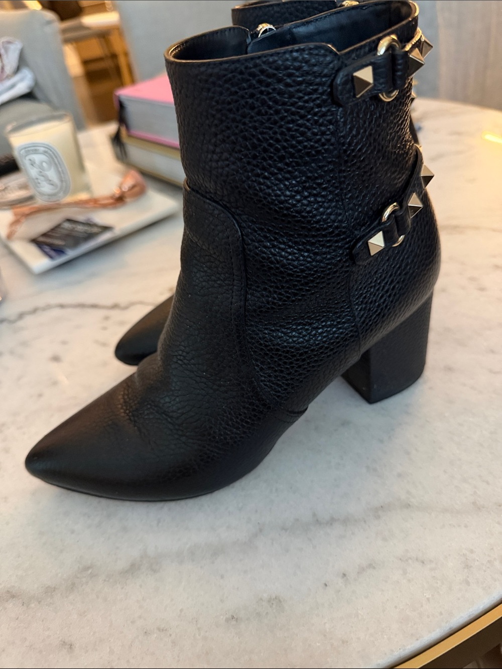 Valentino Black Pebbled Leather Pointed Ankle Boots with Gold Stud Straps